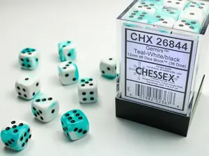 Gemini (Teal-White/Black) Chessex Brand 12mm D6 Dice Set 36ct.
