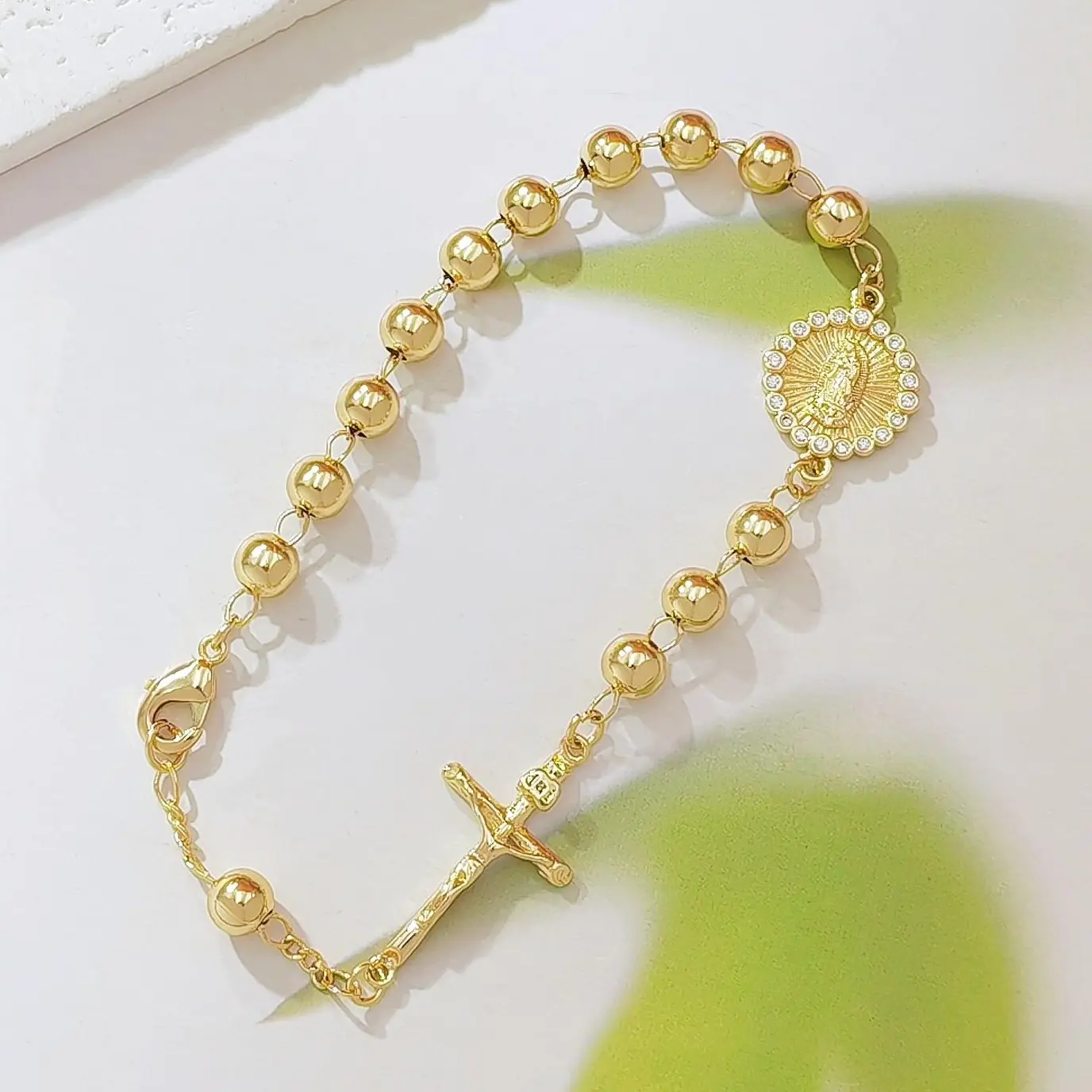 14K Gold Plated Rosary Bracelet for Women, Dainty Beaded Our Lady of Guadalupe Virgin Mary Cross Charm Bracelet, Non-Tarnish Catholic Religious Jewelry, Ideal for Baptism, Confirmation, First Communion & Easter Gifts