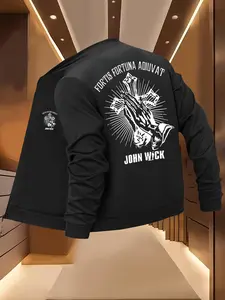 John Wick Graphic Prayer Hand Cross Print Jacket, Men's Spring & Fall Fitted Baseball Coat, Casual Lightweight Flight Jacket for Daily Wear