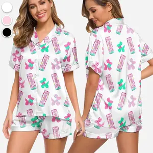 Alani Cotton Candy Satin Pajama Set Women, Sweet Drink Inspired Sleepwear, Short Sleeve Button Top and Shorts, Cute Lounge Gift Idea