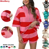 WoodBerry Women's 2-Piece Gym Set - Striped Short-Sleeve Oversized Shirt, Wide-Leg Shorts with Pockets - Women's Clothing for Tennis, Cricket Daily Lounge Wear,sohochic