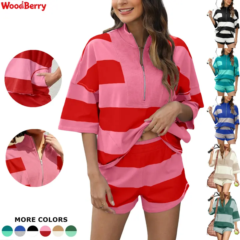 WoodBerry Women's 2-Piece Gym Set - Striped Short-Sleeve Oversized Shirt, Wide-Leg Shorts with Pockets - Women's Clothing for Tennis, Cricket Daily Lounge Wear,sohochic
