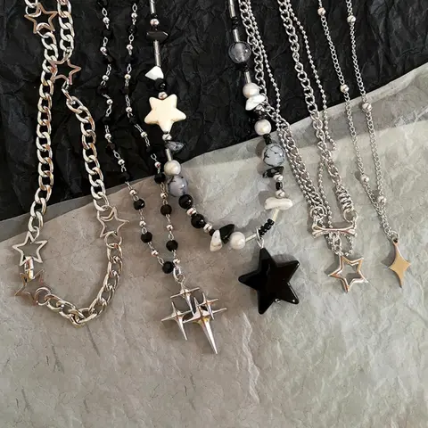 Vintage Star Design Pendant Necklace, Punk Style Beaded Necklace for Party, Daily Decor, Trendy All-match & Exquisite Jewelry for Birthday Gift, Star Shine Necklace, Celestial Necklace, Necklace Set, Bead Necklaces