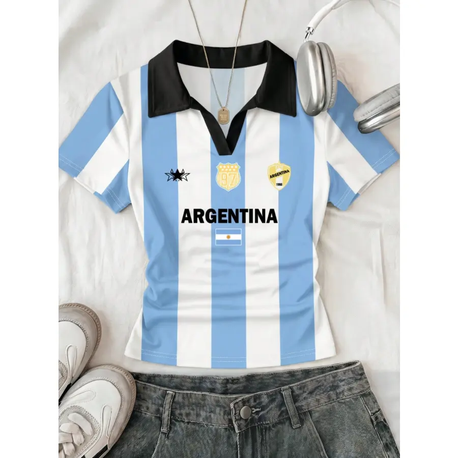 SHANIAH Argentinaaa National Team Polo Top Women's Shirt, Featuring Contrast Collar And Striped Sleeves. Retro, Preppy, Classic, Fashionable, Youthful And Street Style. Smooth And Comfortable Fabric
