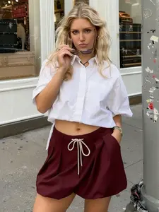 Mini Burgundy Drawstring Lantern Skirt Women's Skirt Spring Summer 2026 Elegant Pleated High Waist Short Skirt Korean Lazy-Glam Skirts Causal Coffee Runs & Campus Looks Skirt