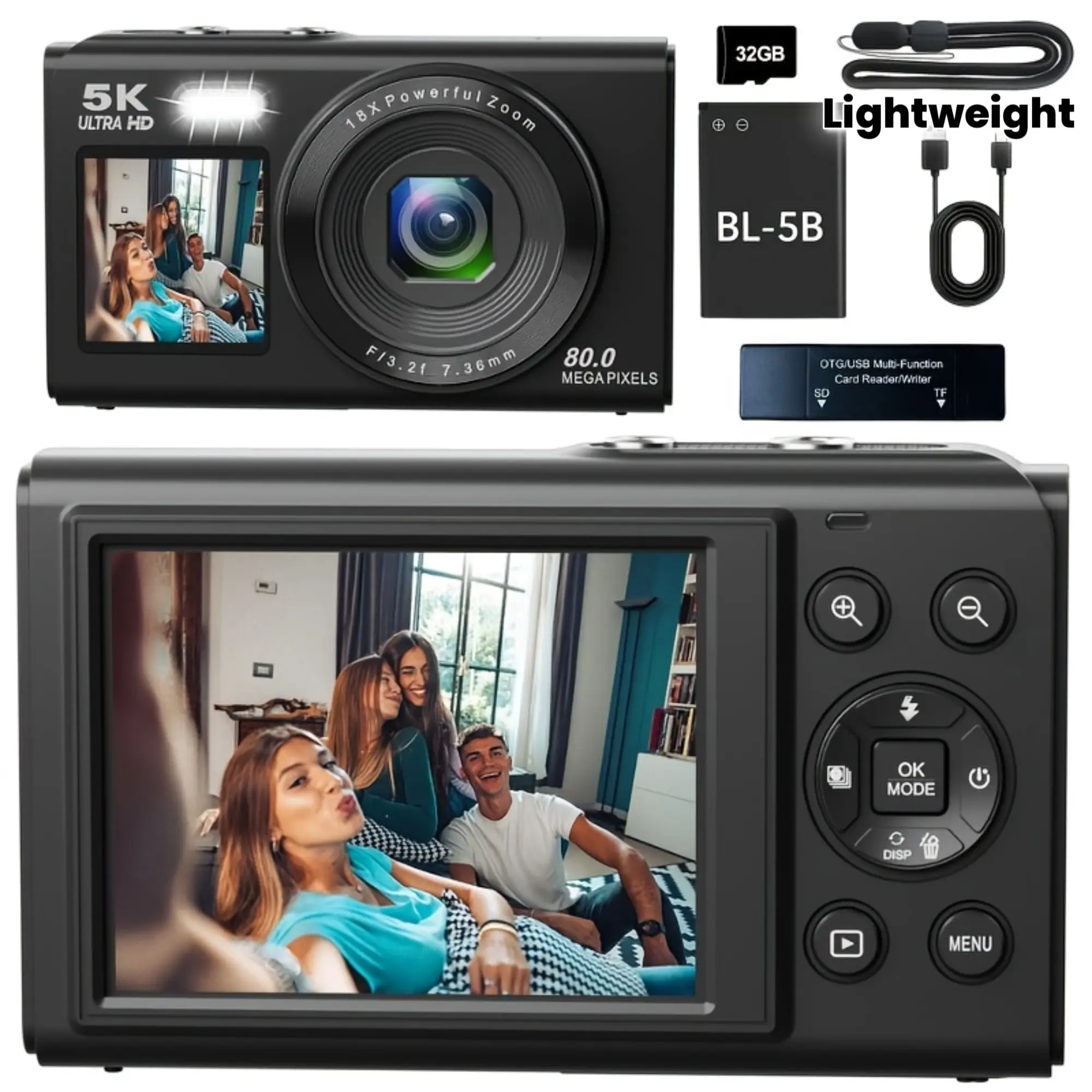 Compact 5K Dual-Screen Digital Camera for Beginners with 18x Zoom, 1080p Video, Vintage Button Design, Portable Vlogging Camera for YouTube Content Creation, Includes 32GB Card, Battery, and Card Reader