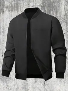 Men's Solid Pocket Zipper Bomber Jacket, Casual Regular Fit Long Sleeve Zip Up Jacket for Spring, Fashion Men's Outerwear Coats for Daily Wear