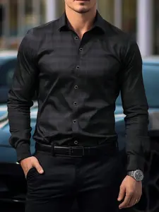 Men's Vintage Plaid Long Sleeve Fitted Shirt, Menswear Fashionable Workwear for Dad & Son, Comfortable Retro Style Csyj11