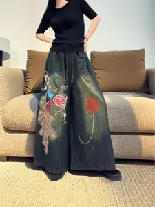 Women's Peacock Floral Embroidered High Waist Wide Leg Denim Pants Vintage Dark Wash Baggy Trousers
