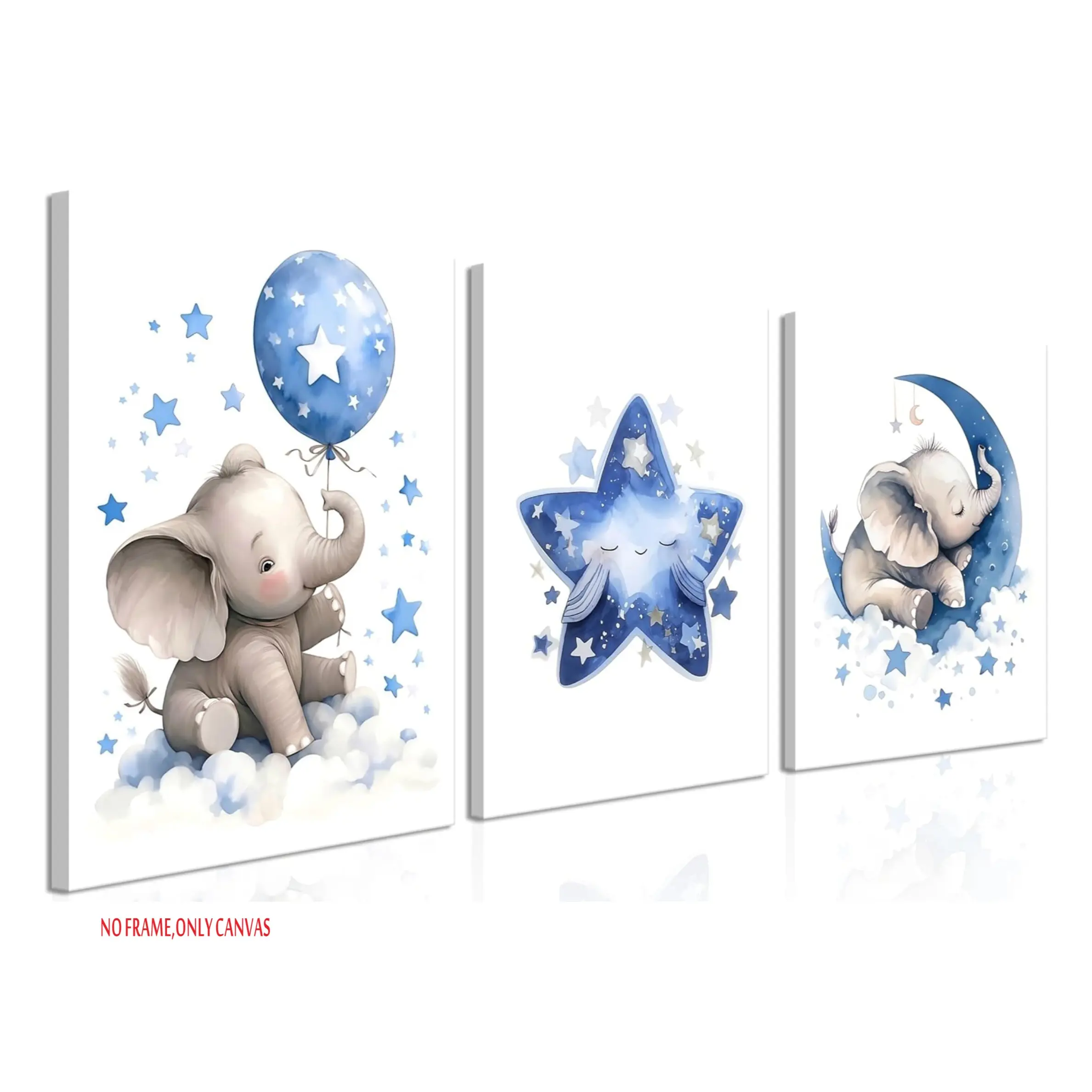 3-Piece Set: Canvas Wall Art Decoration, Decoration Items, Space Theme Design, for Baby Boys' Nurseries, Blue Elephant, Moon & Stars Theme Murals, for Children's Bedrooms, Frameless