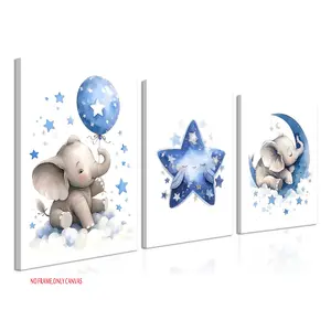 3-Piece Set: Canvas Wall Art Decoration for Baby Boys' Nurseries, Blue Elephant, Moon, and Stars Theme Murals, Cute Animal Posters for Baby Girls' Nurseries, Perfect for Children's Bedrooms, Frameless