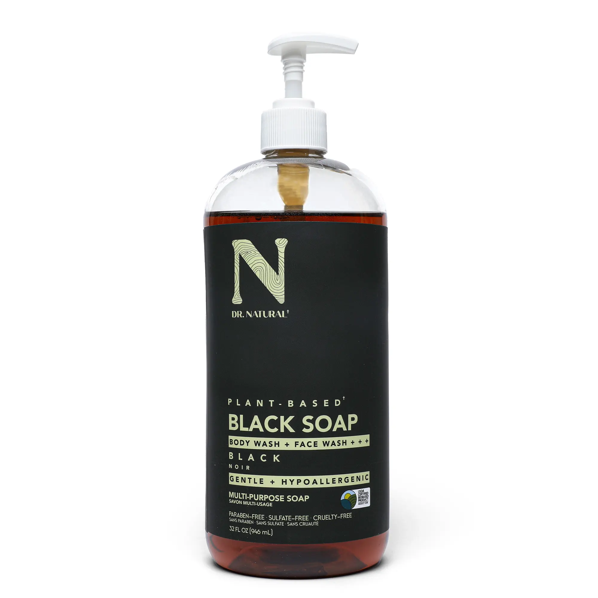 Dr. Natural Multi-Purpose Black Liquid Soap, Natural West African Body Wash - 32 oz