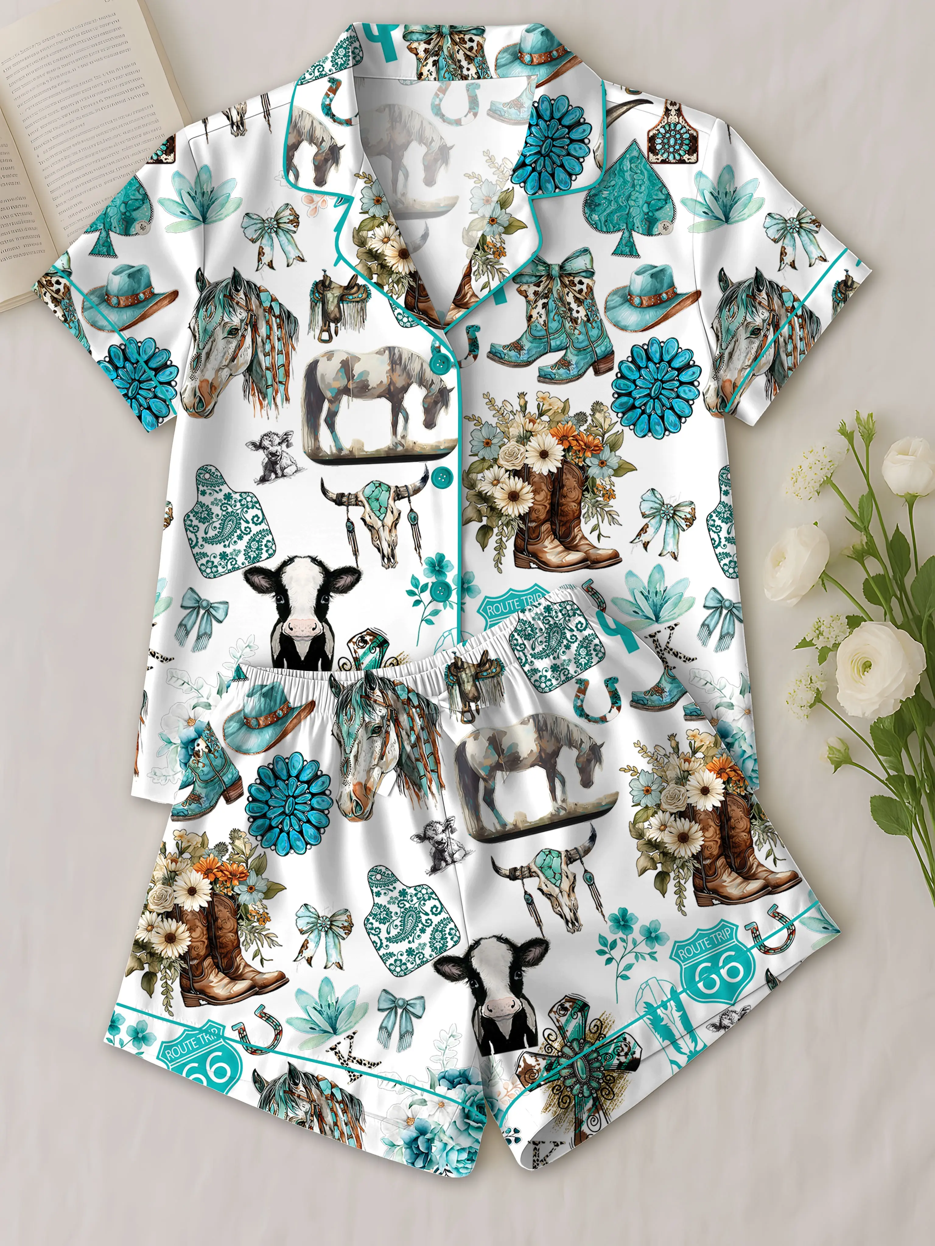 Western Cowgirl Pajama Set, Cowgirl Aesthetic Pajama Satin Set Turquoise Horses, Boots & Cactus Satin Pajamas