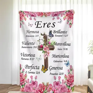 Modern Retro Spanish Floral Print Flannel Throw Blanket - 280GSM Soft Cozy, All-Season Use, Faith-Based Women's Inspirational Scripture Design Gift