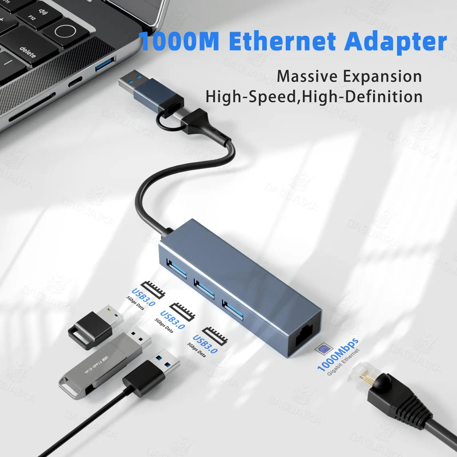 DAGUAIKA USB C to Ethernet Adapter 1000M, 2-in-1 USB (Thunderbolt 4/3 Compatible) to RJ45 Laptop Network Internet Converter, Aluminum Portable, Compatible for NAS, MacBook Air/Pro, XPS, iPhone 15/16/17 Pro/Max Series