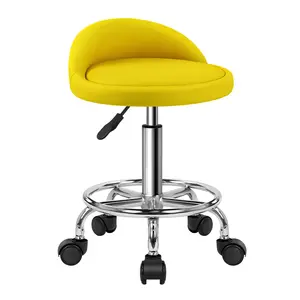 KKTONER PU Leather Round Rolling Stool with Foot Rest Height Adjustable Swivel Drafting Work SPA Task Chair with Wheels (Yellow)