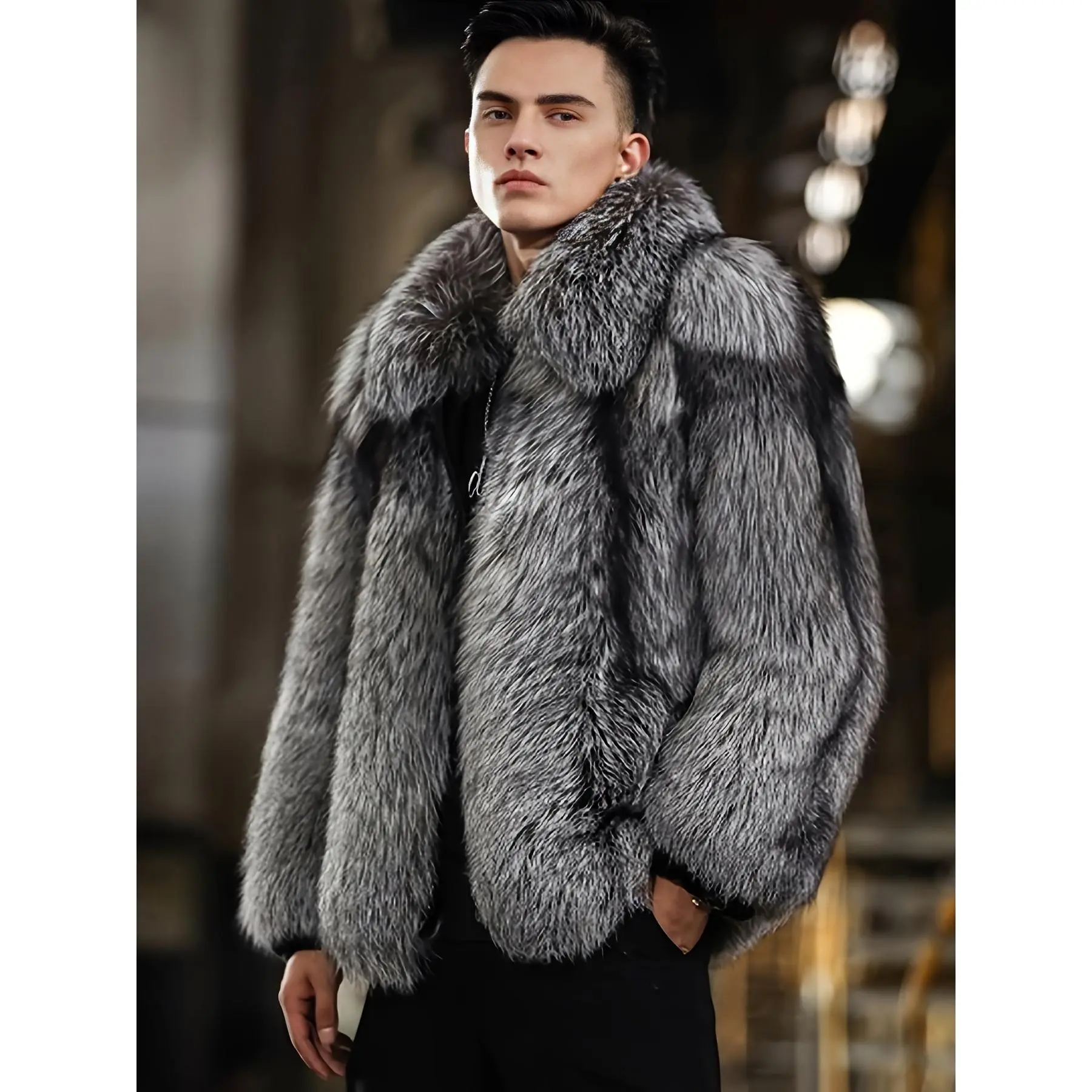 Men's Faux Mink Fur Coat Square Collar Zipper Short Windproof Warm Loose Casual Jacket Youth Style Holiday Outfit