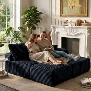 【Memorial Day Gift】 Joylsle Organic Modern Black 103" Plush Corduroy No Assembly Required L-Shaped Modular Cloud Sectional Sofa, All-Foam Low Profile Couch，2 Packages