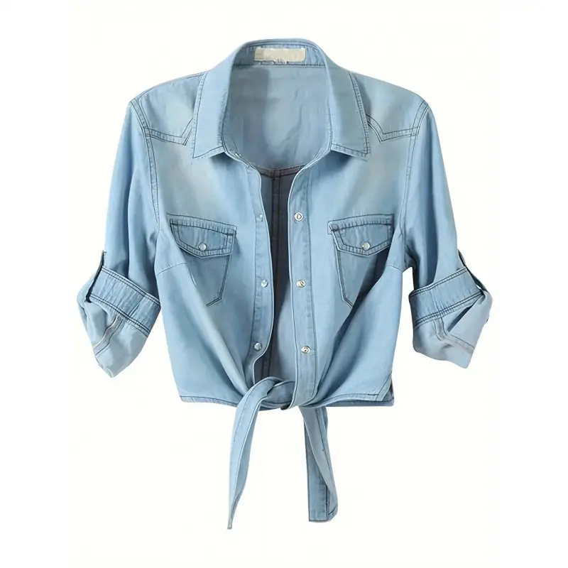 [Crop Top] Chambray Women's Crop Top|   Roll Up 3/4 Sleeve Tie Front Knot Shirt