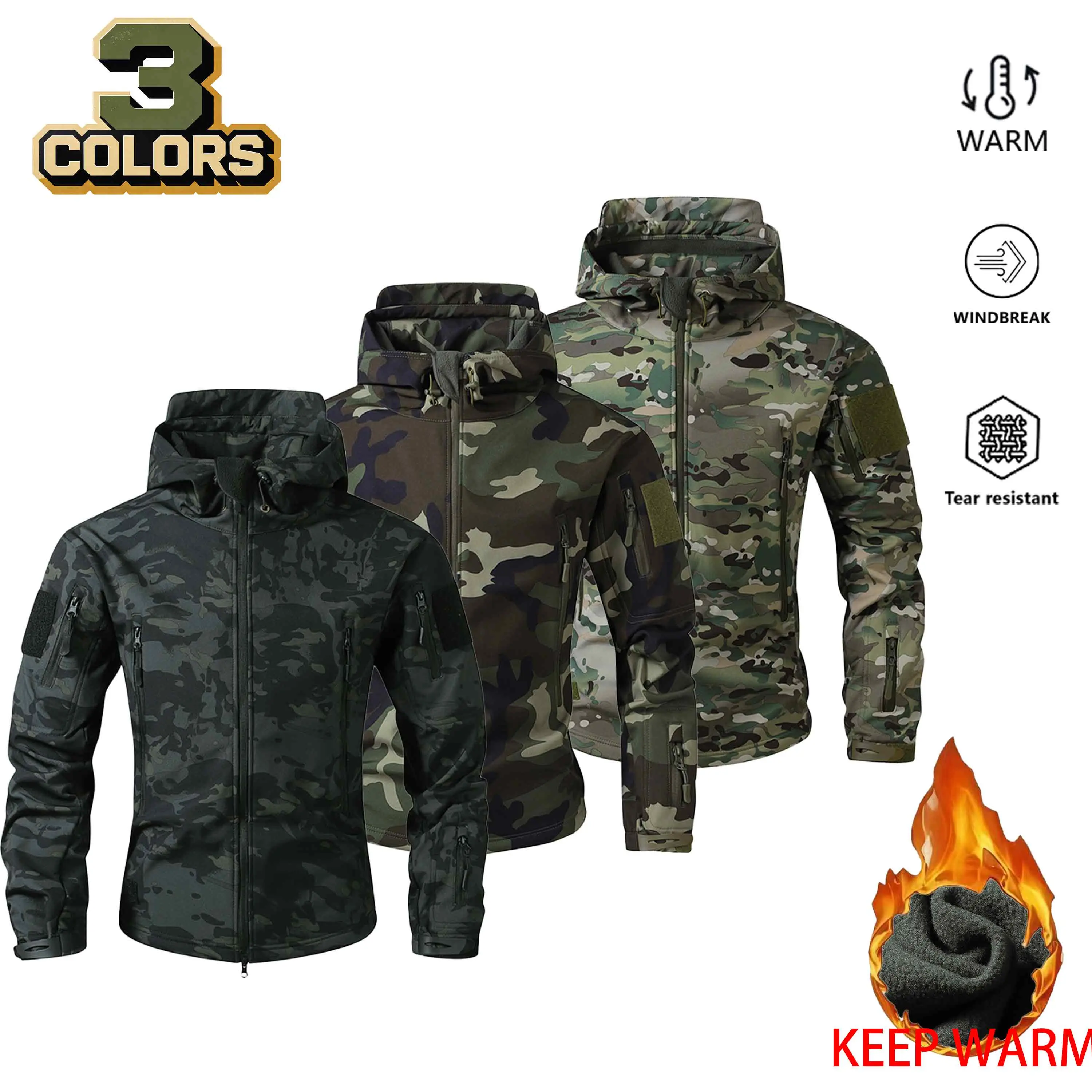 Men’s Camouflage Tactical Hooded Jacket - Autumn/Winter Fleece-Lined, Windproof, Wear-Resistant, Multi-Pocket Outdoor Mountaineering Outerwear (3 Colors Available)