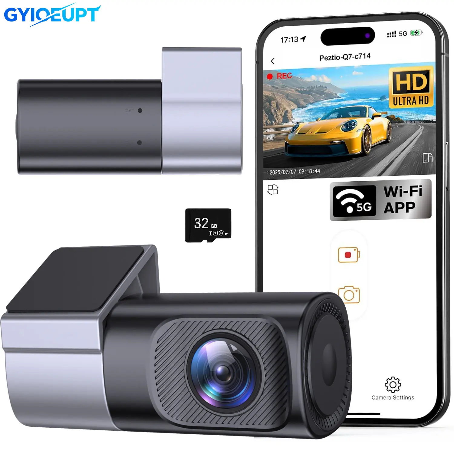 GYIOEUPT 1080p Mini Front-Facing Dash Cam - Night Vision, 24-Hour Parking Mode, Loop Recording, G-Sensor, Wi-Fi App, 32GB Memory Card Included, Dashcam Vehicle Smart Driving Tech 24 Hours Recording Car Camera