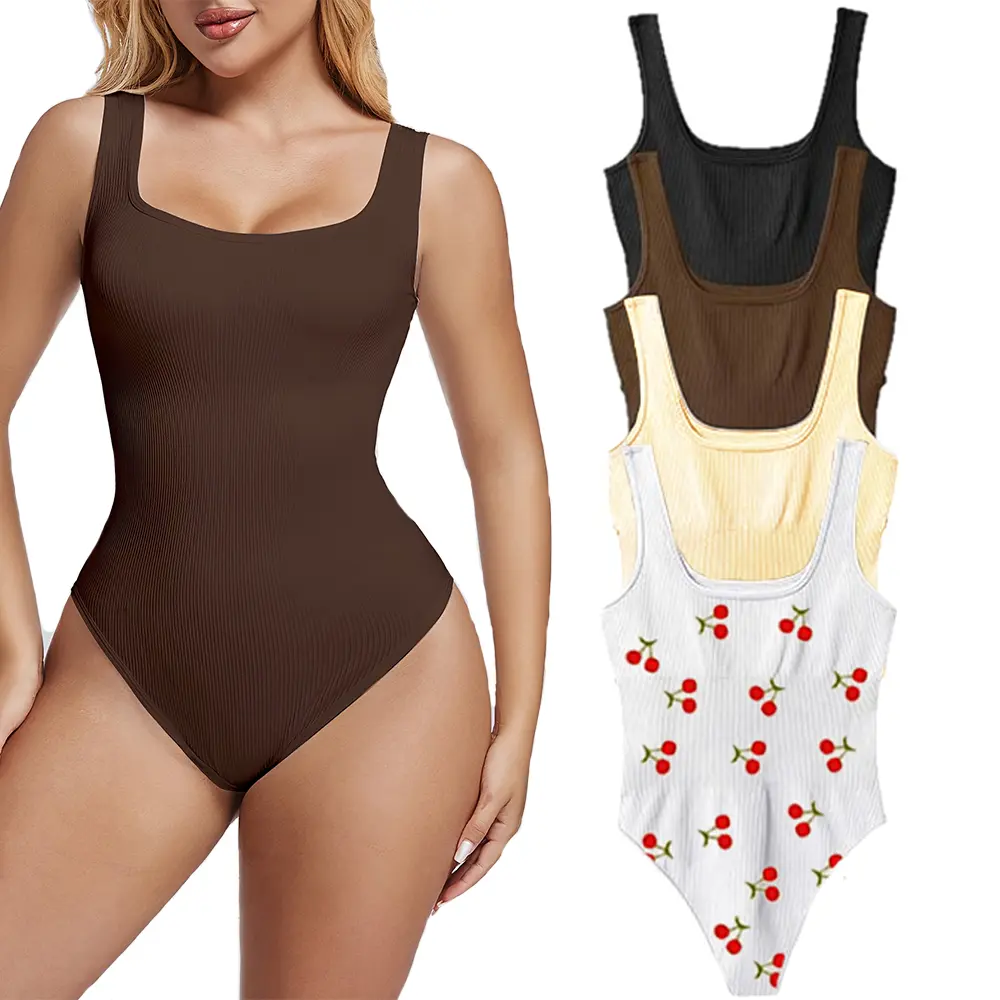 【Limited time deal】【Fast Shipping】Women's Seamless Ribbed Bodysuit 4 Piece Sleeveless Square Neck Top Trendy