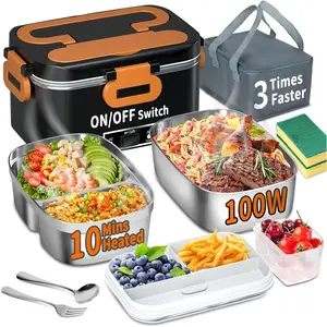 Electric heated lunch box for adults 100w 3in1 18l heated lunch box for men portable with double layer 2 container fast heating food warmer12v24v110v for car truck office home travel