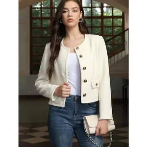 M.Infisavo Womens Cropped Tweed Jackets with Pockets, Collarless Shackets Casual Outerwear