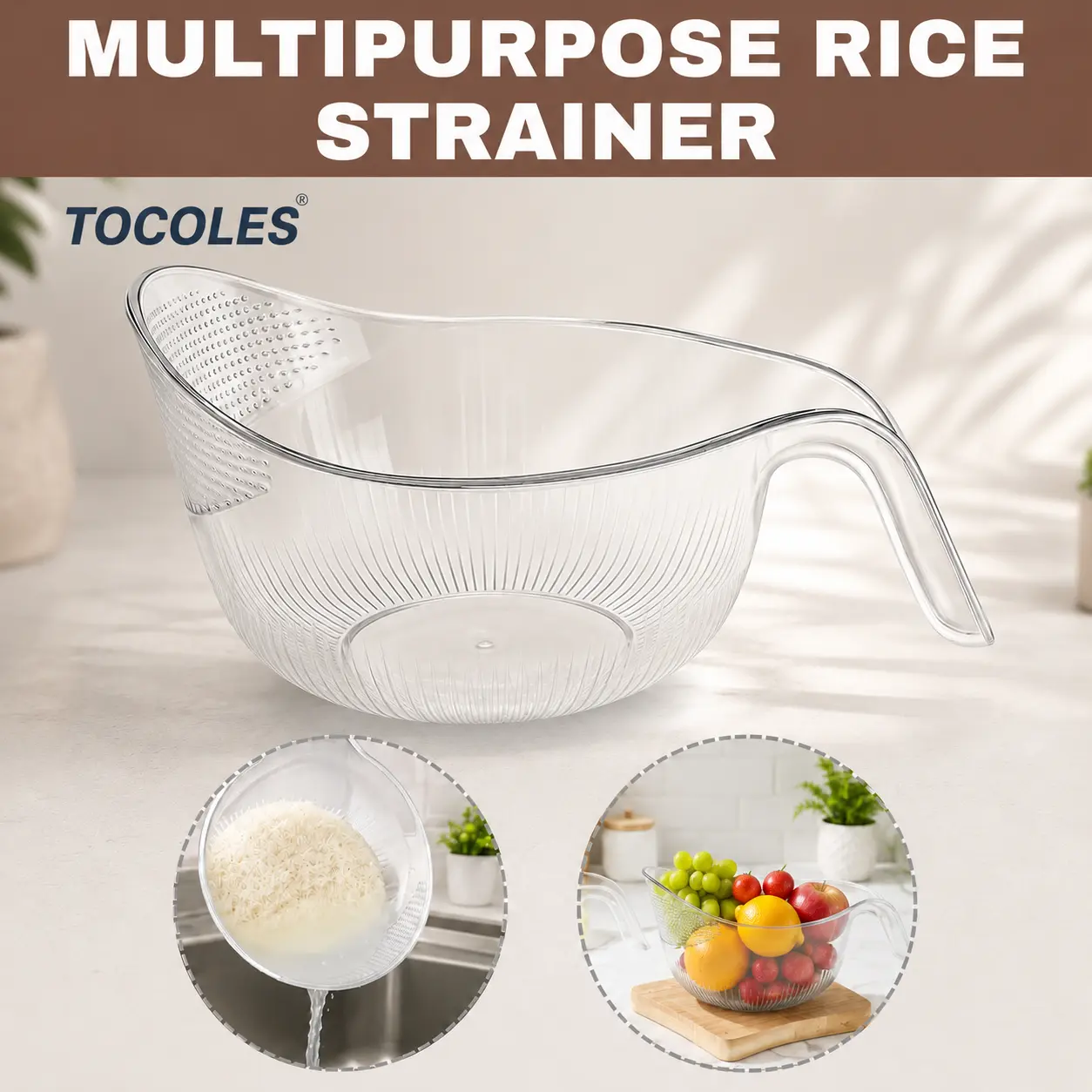 Aesthetic Multifunctional Rice Strainer with Handle - Sturdy BPA-Free Transparent Plastic Kitchen Utensil, Colander for Draining Vegetables, Fruits, Coffee Dispenser