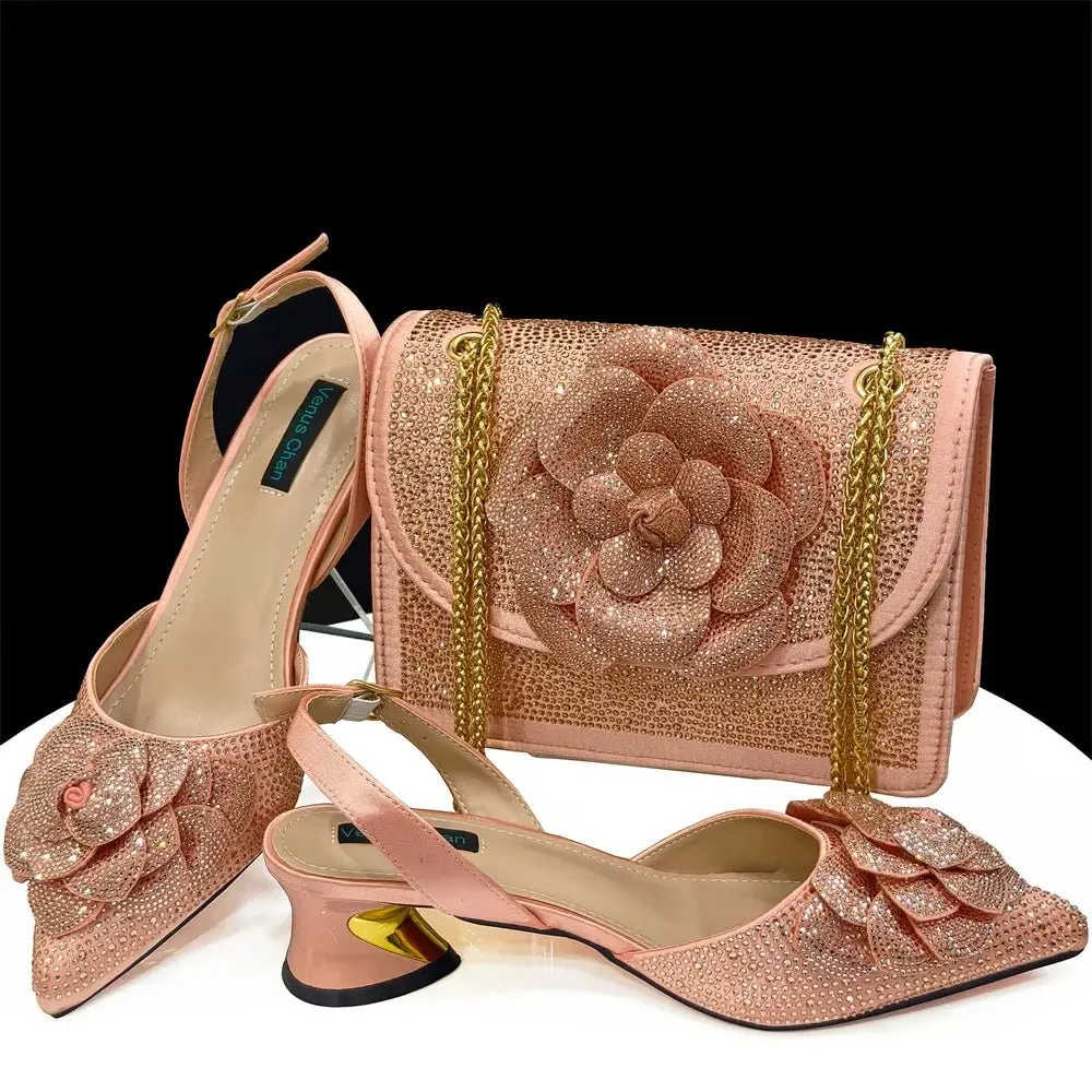 Women's 2-Piece Italian Craft Medium Heel Shoes + PU Leather Matching Crossbody Shoulder Bag Set - Trendy