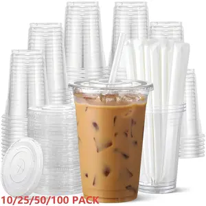 16oz Plastic Cup with Lid & Straw, Transparent Reusable Ice Coffee Mug Durable BPA-Free stylish Drinkware for Cold Beverages
