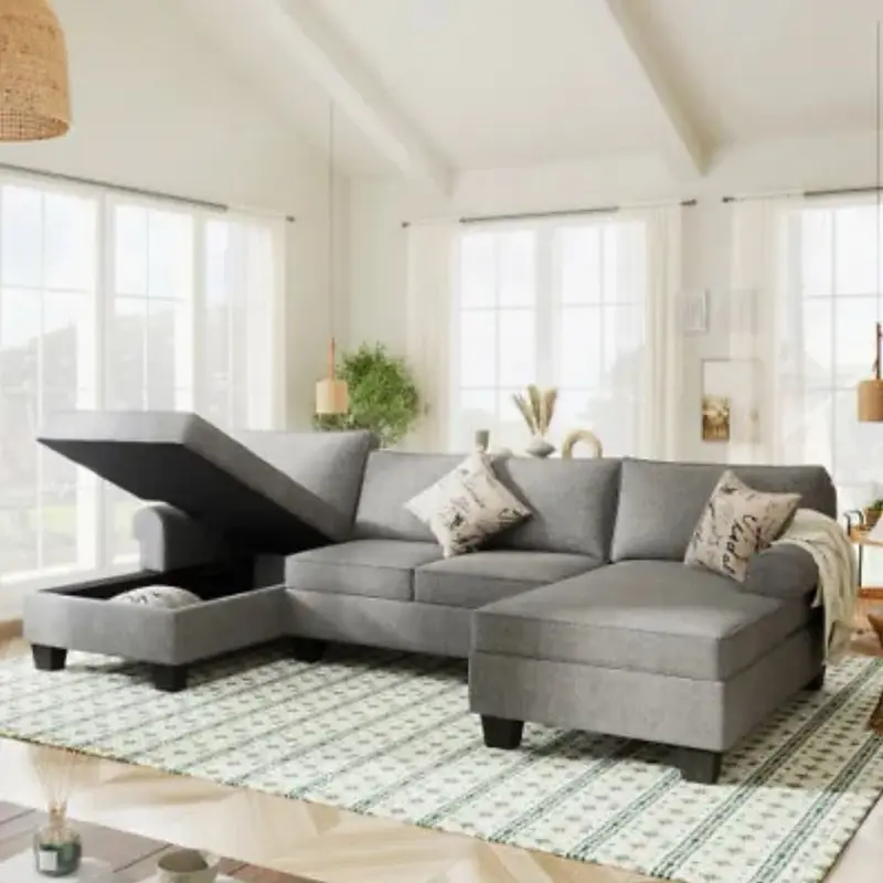 3pcs Chenille Sectional U Shaped Sofa+Double Chaises Rolled Arm w/3 Pillows Grey