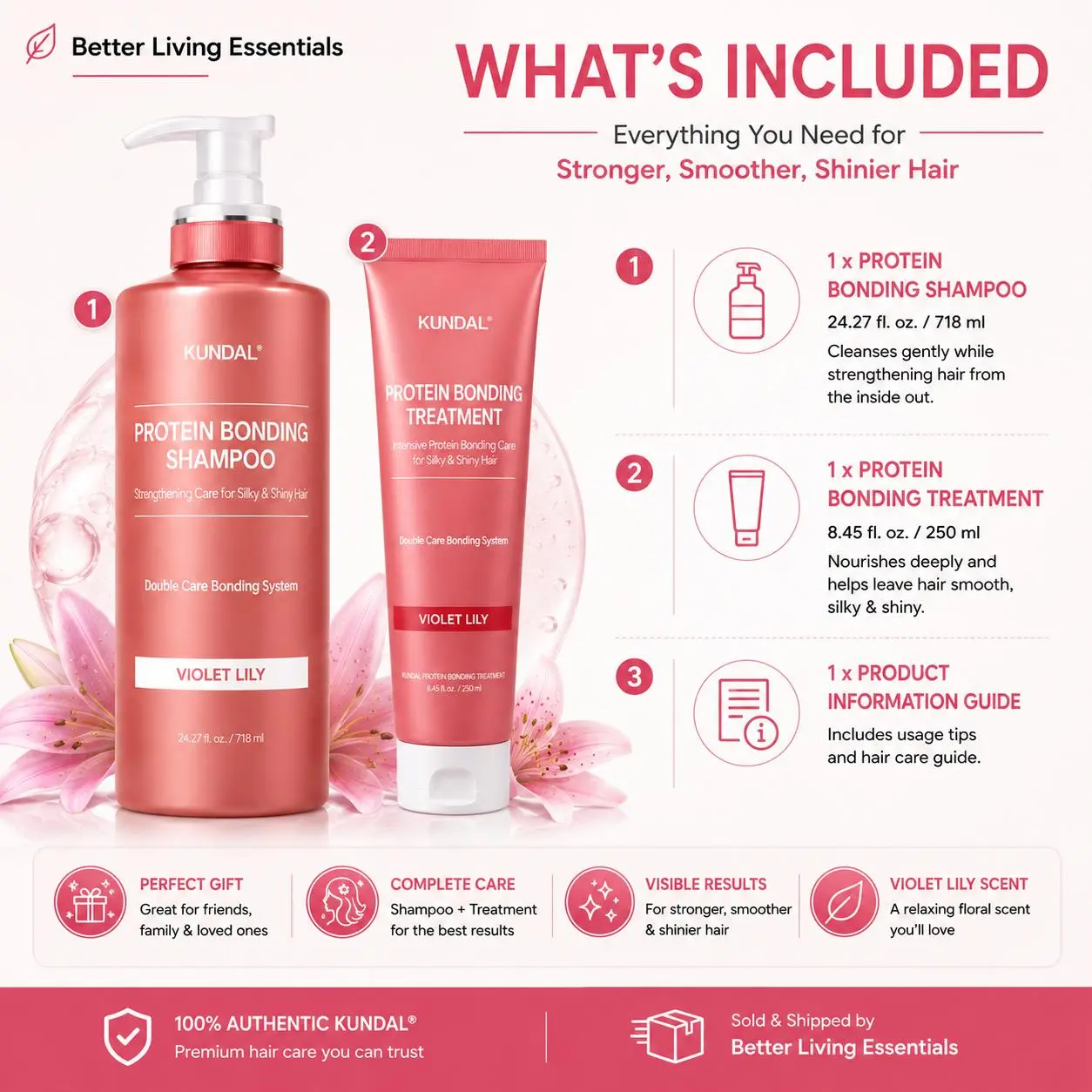 KUNDAL Protein Bonding Hair Care Set, Shampoo & Treatment for Damaged Hair, Violet Lily Scent, Protein Repair & Hydration Hair Care Kit Conditioner Haircare