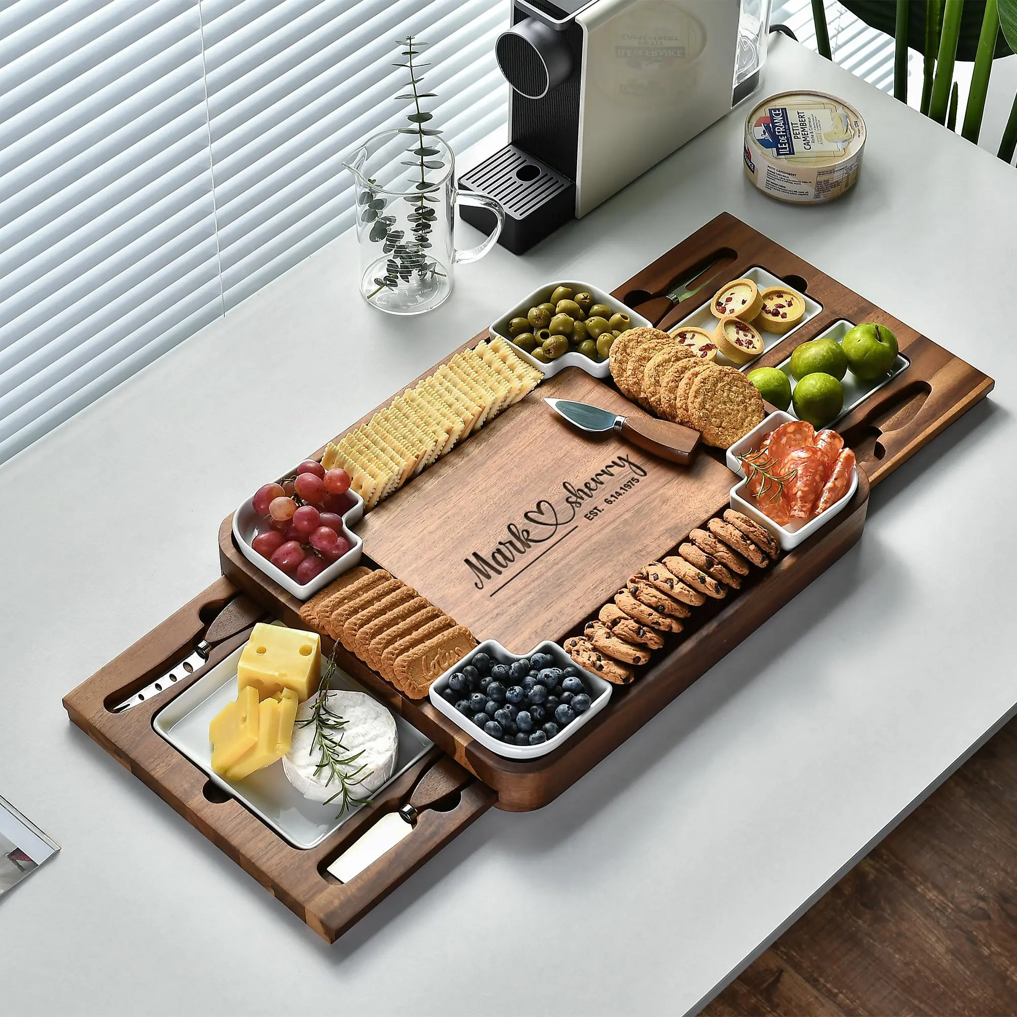 Custom Engraved Cheeseboard Set For Newlywed, Unique Serving Tray for Food, Meat and Cheese Platter, Personalized Wedding Gift For Couples
