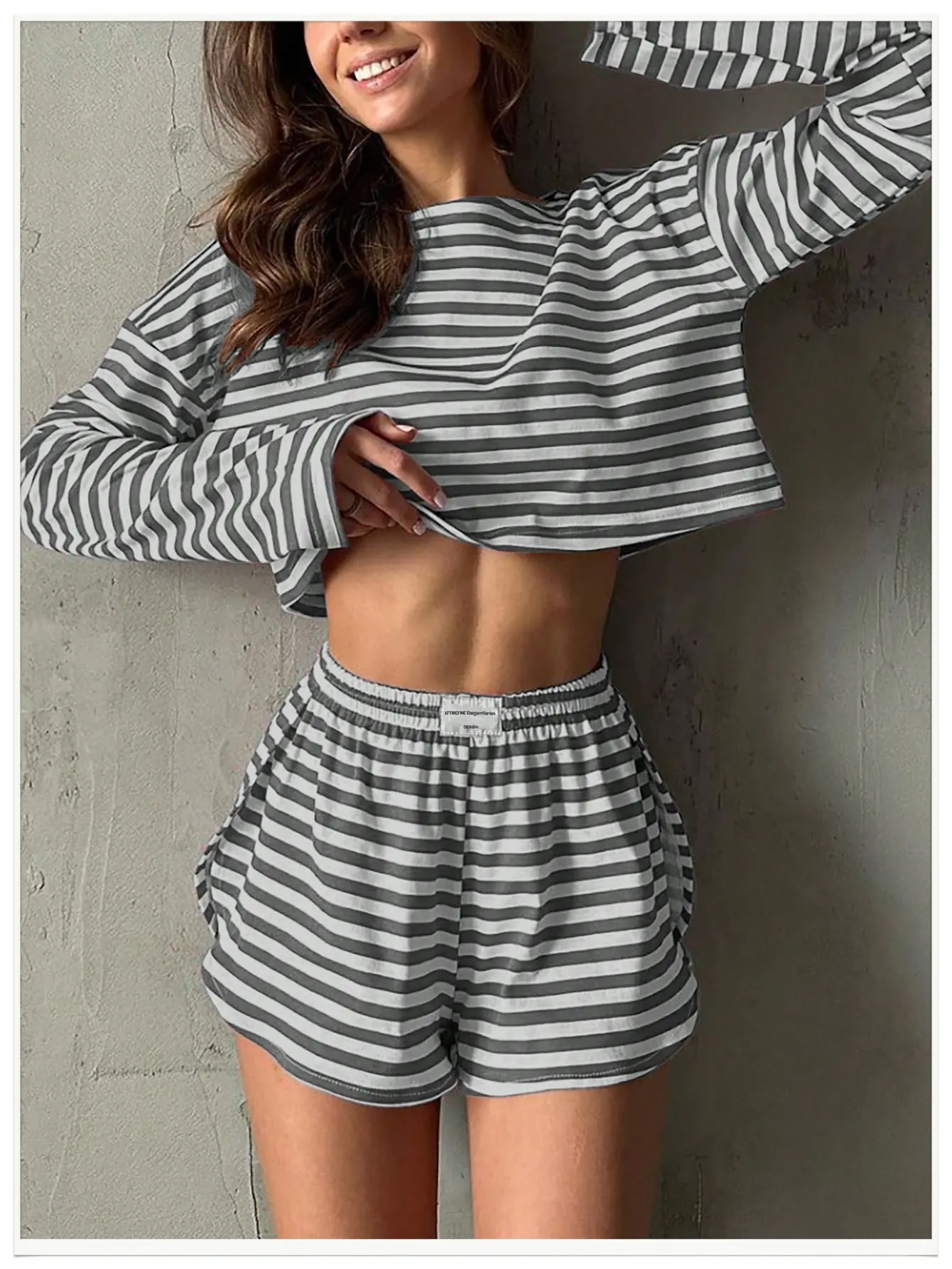 Women's Striped Print Drop Shoulder Crop Top & Elastic Waist Shorts Pyjama, Casual Comfy Round Neck Top & Shorts Pj Set, Pyjamas for Women, Lounge Set for Women, Pajamas