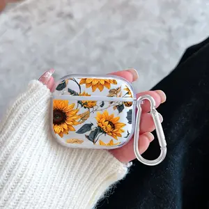 Sunflower Symphony Pattern TPU Soft Protective Case for Apple AirPods 4/3/2/1/Pro/Pro2 Transparent Earphone Cover with Keychain Attachment