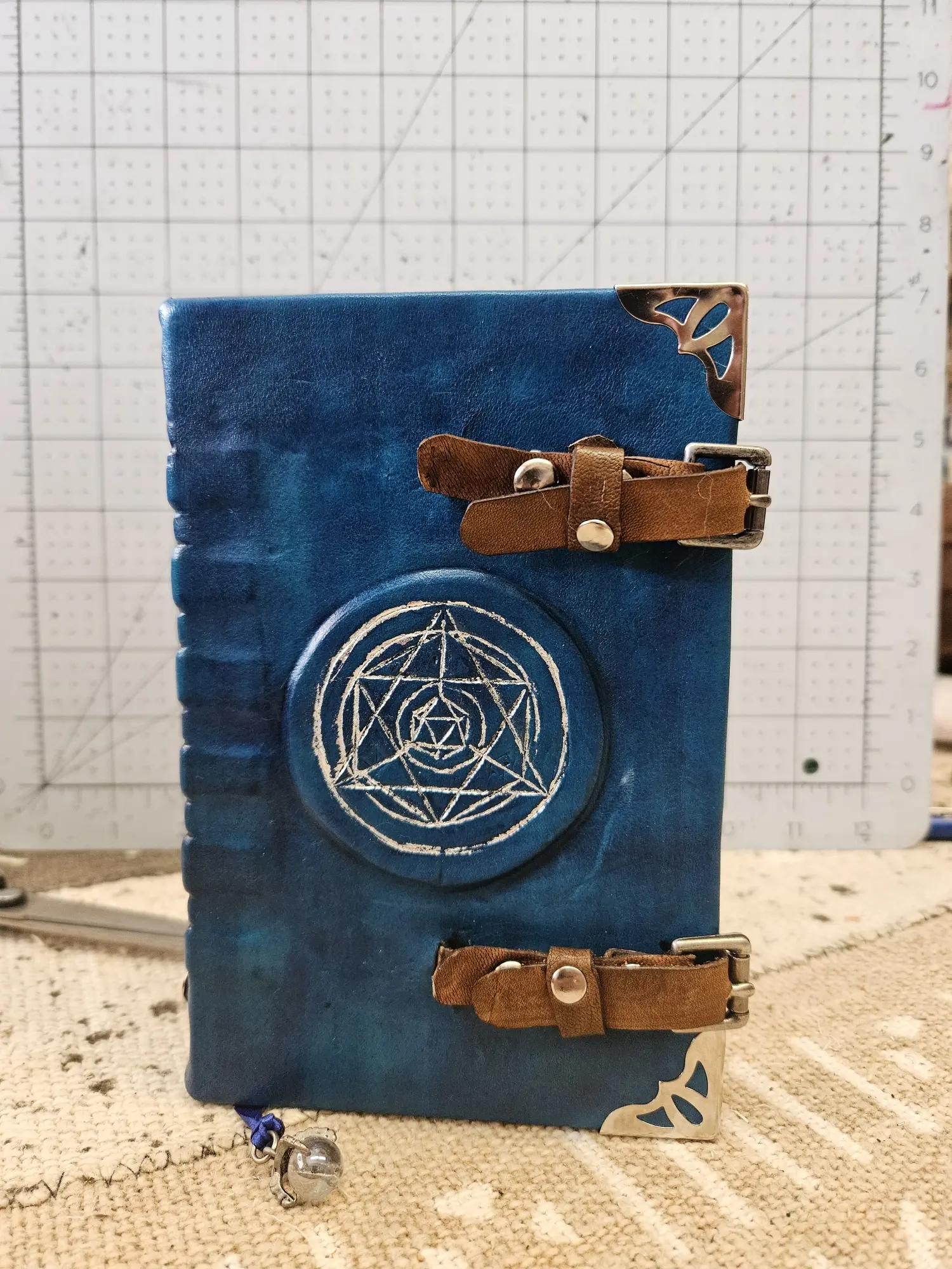 Blue Wizard Hand-dyed Leather Pocket Journal with Silver Leaf Mystical Design of a Set of Gaming Dice