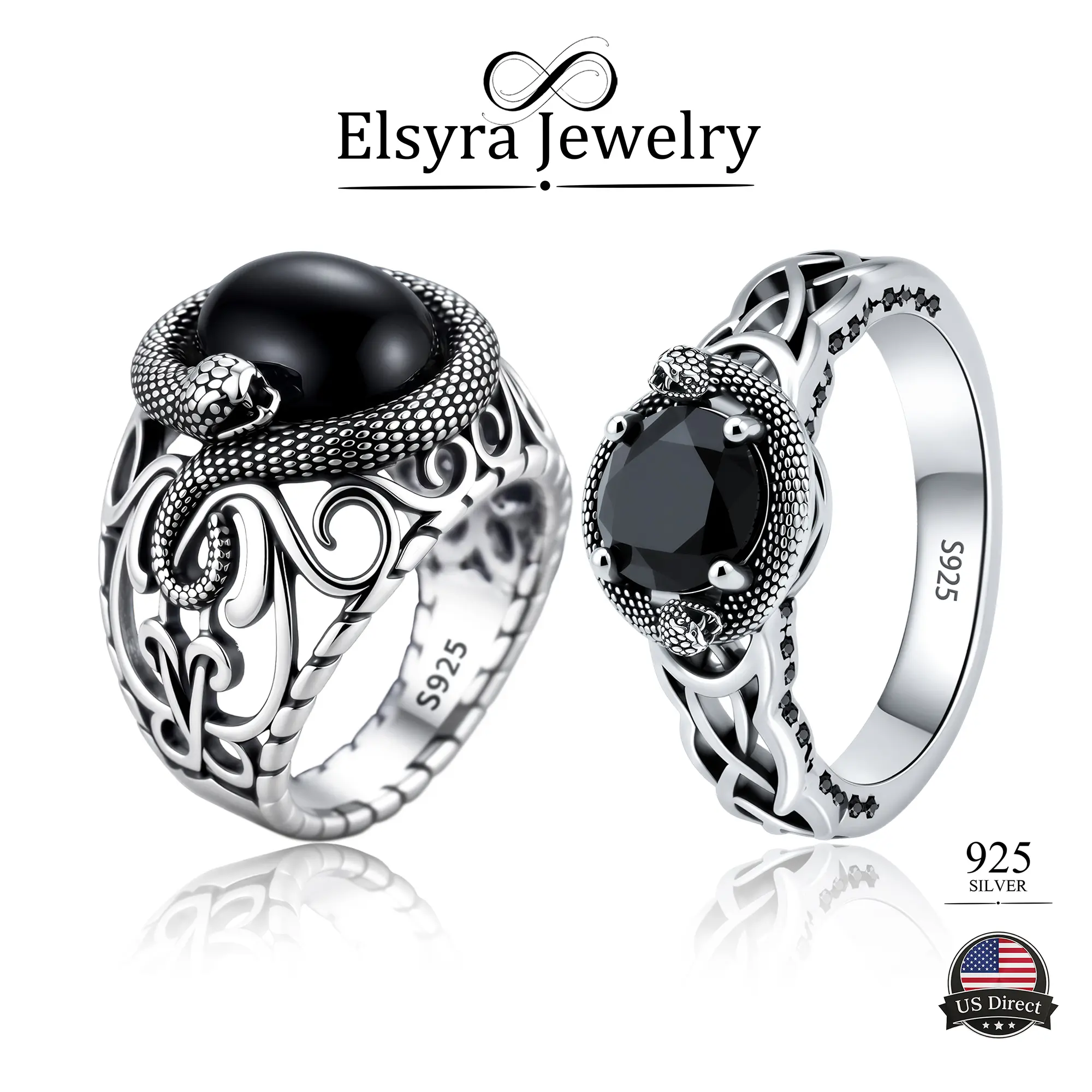 ELSYRA S925 Sterling Silver Black Onyx Snake Ring - Vintage Gothic Serpent Statement Ring, Punk Biker Jewelry for Women & Men, Dark Aesthetic Gift