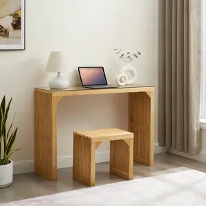 Dreamzon furniture Pine Dining Bench and Table, Indoor Wood Bench for Entryway,Living Room,Kitchen and Bedroom Table and Bench Set (Nature, Bench & Table) Small Tempered glass included