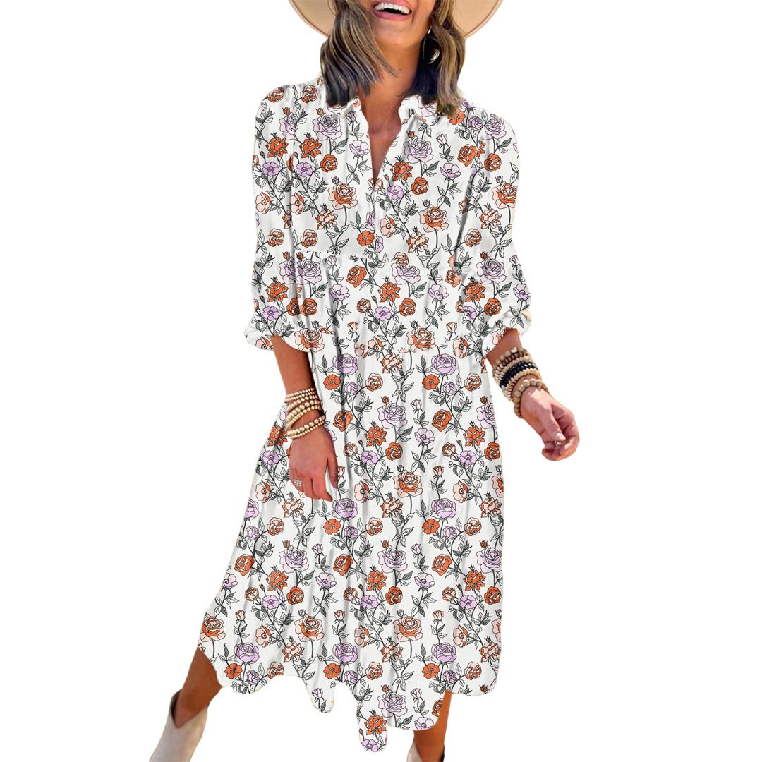 Dokotoo Women's Casual Bohemian Floral Dress 2026 V-Neck Long Puff Sleeve Midi Dress Soft Fabric Comfortable Summer Dres