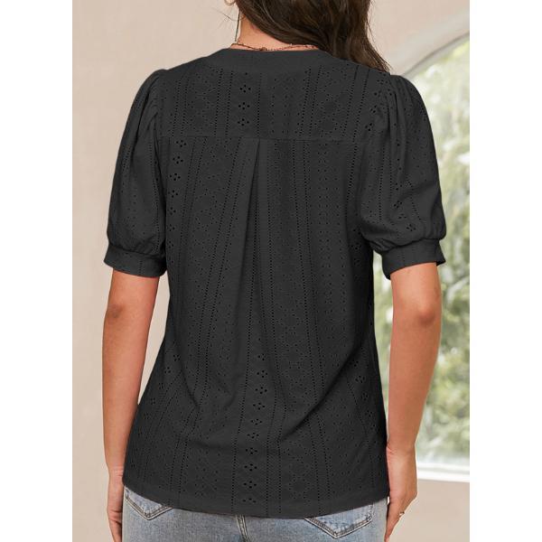 Dokotoo Women's Summer Business Casual Blouses V Neck Short Sleeve Shirts Hollow Out Cute Lace Tops Loose Fit Breathable Fabric