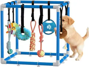 Puppy Play Gym with 8 Hanging Toys Interactive Puppy Toys for Small Breed Indoor Play Gym for Boredom Enrichment Activity Teething PVC Frame Stretchy Rope with Velcro Blue