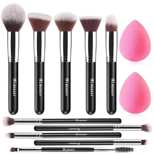 BEAKEY Makeup Brushes Set, Professional Foundation Eyeshadow Concealer Blush Powder Bronzer Applicator, 2 Blender Sponge with Beauty Paper Case