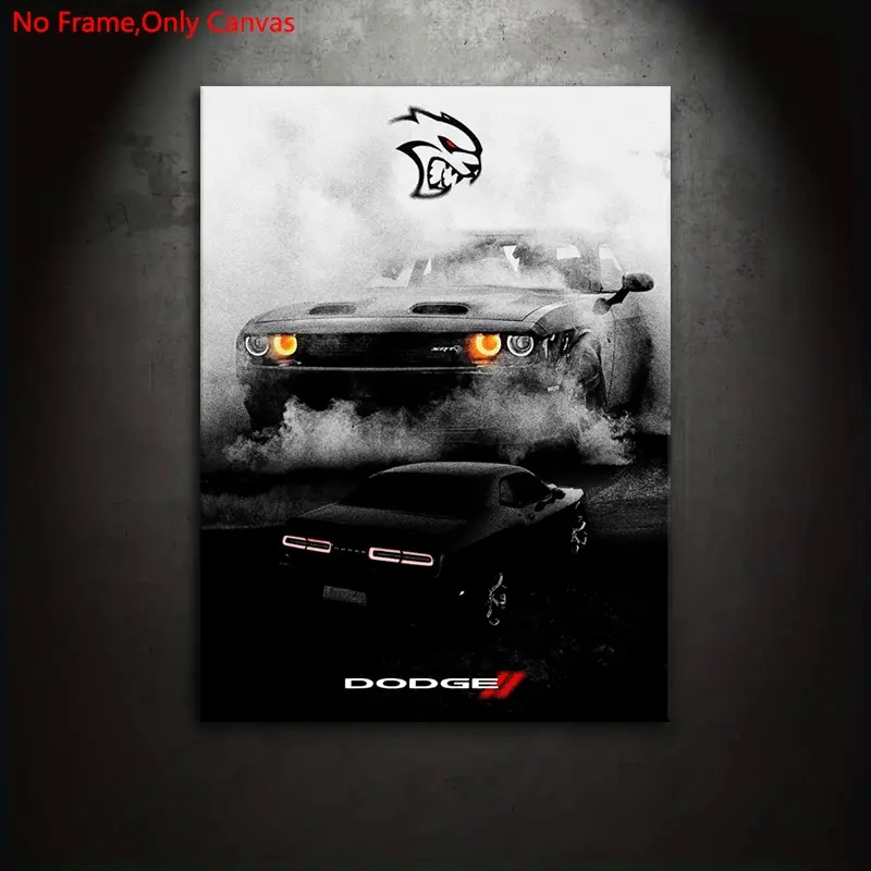 1 piece/set frameless canvas painting print poster, Wall Art, classic realistic vehicle art, Modern Minimalist Design, Dissolve Dodge Challenger Hellcat, perfect gift for muscle car lovers, ideal gift for bedroom, living room, mural, home decor