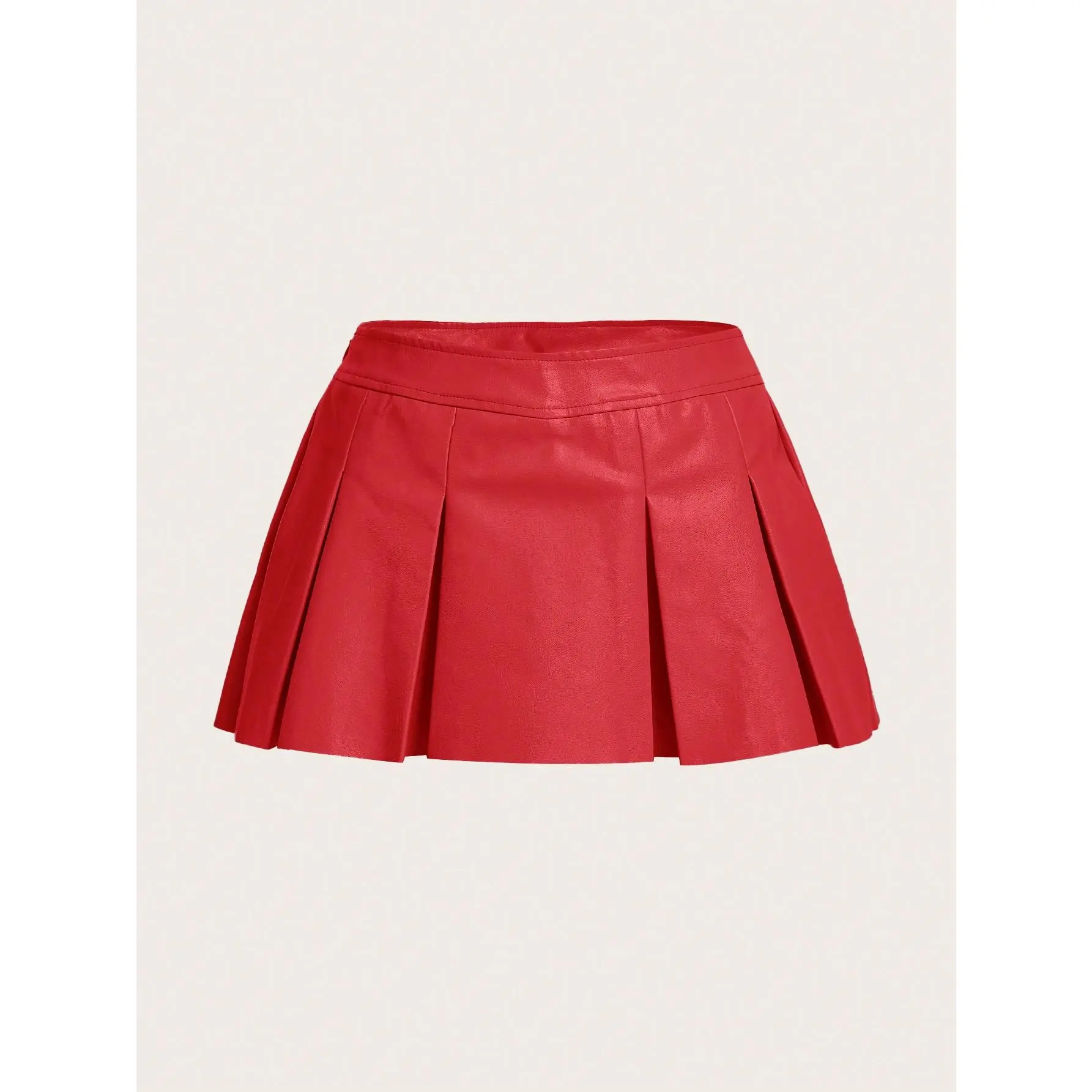 ICON Red Solid PU Leather Pleated Mini Skirt ICON Red Solid PU Leather Pleated Mini Skirt