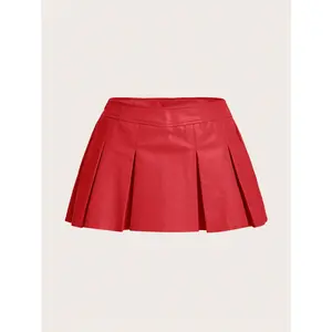 ICON Red Solid PU Leather Pleated Mini Skirt