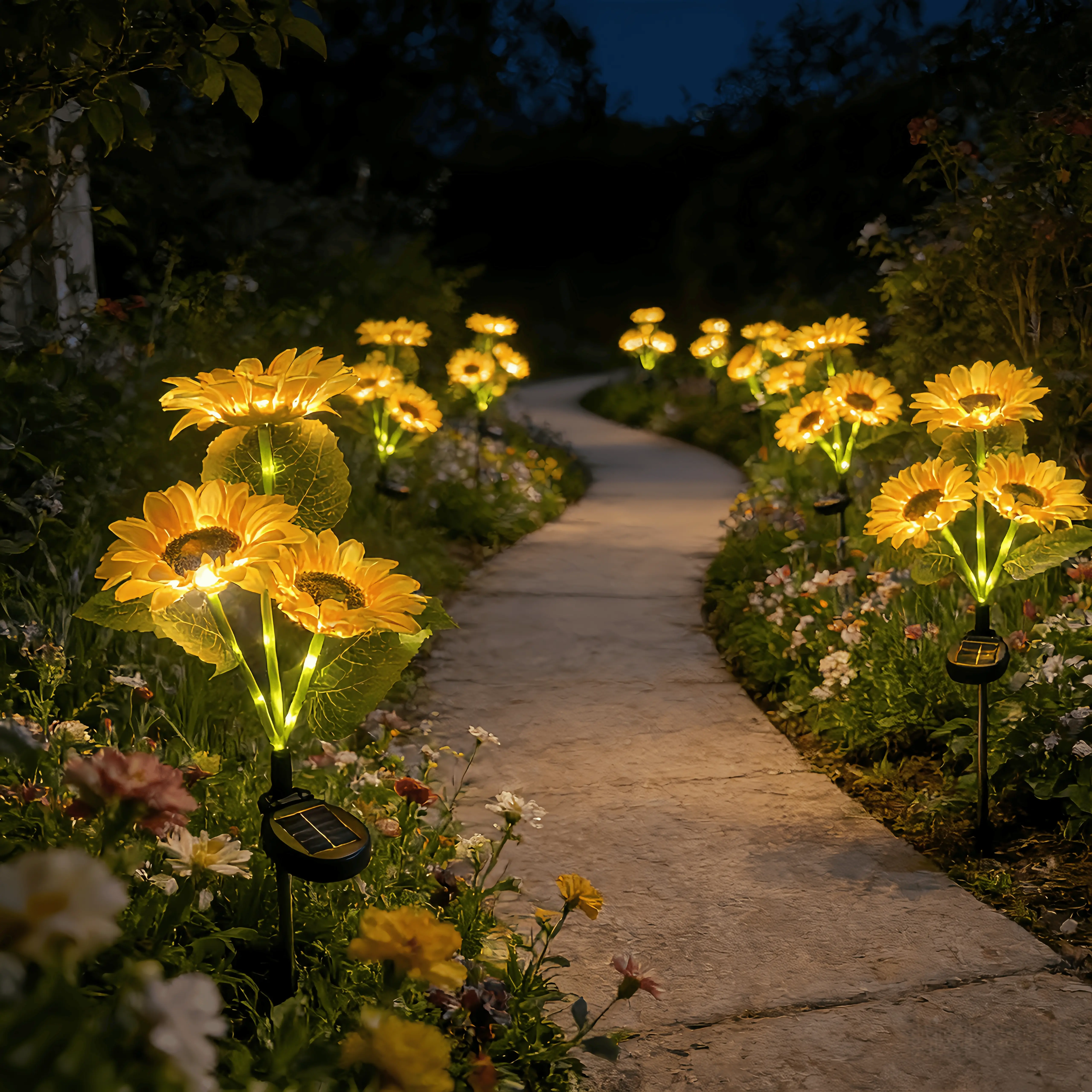 Solar Driven LED Sunflower Garden Light - Set contains 2/4/6 pieces, realistic night glow effect for patio, lawn, patio and porch decoration, water resistance IP65, garden lighting | decorative solar light durable plastic flower