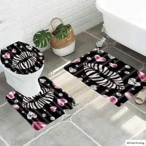 1/3Pcs Valentine's Day Glamorous with Hearts Diamonds and Zebra Print Lips Bathroom Mat Set, Flannel Non Slip Bath Rug, Toilet U-Shape Mat, Toilet Lid Cover, Thickened Soft Absorb Water, Microfiber Surface Memor