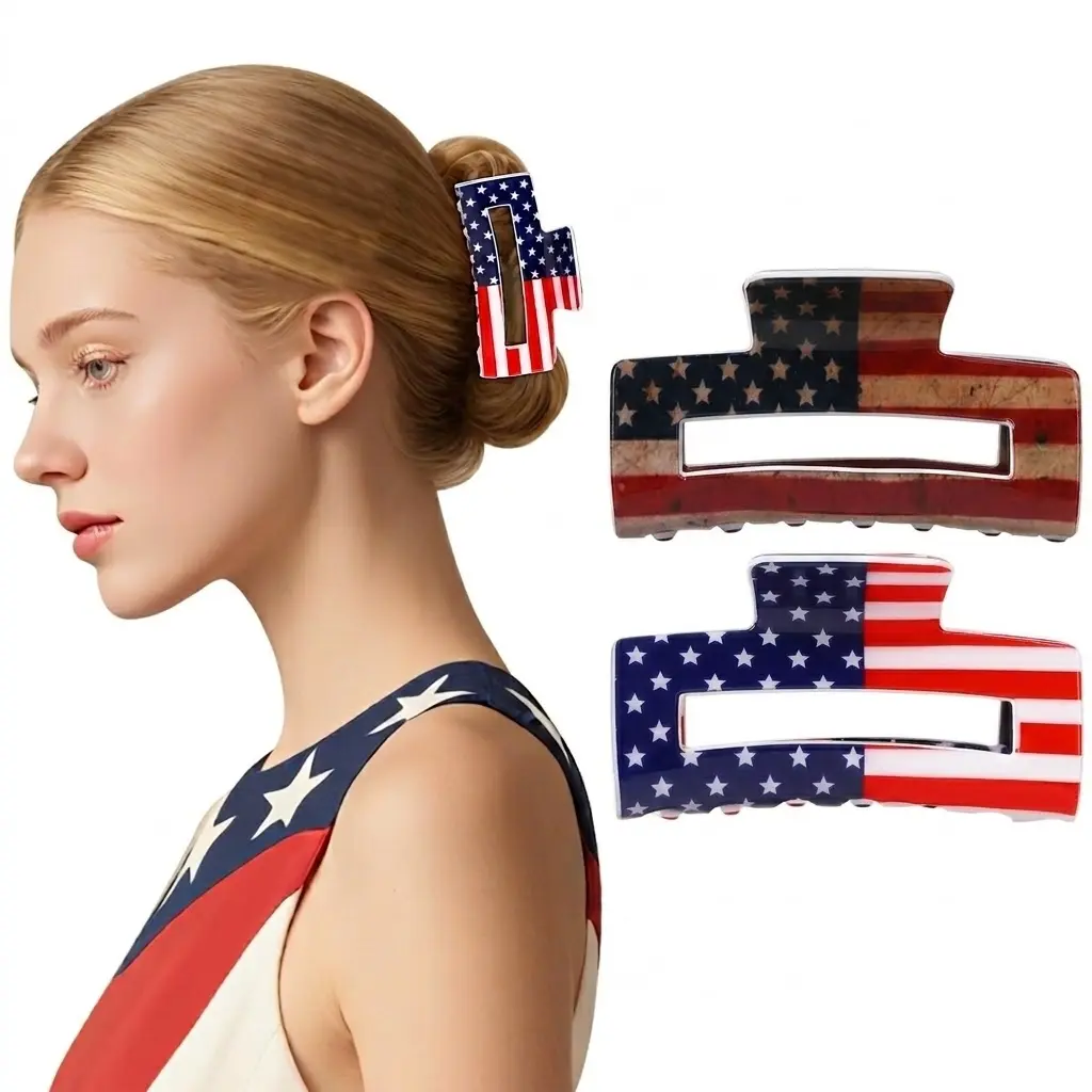 2PCS American Flag Claw Clips USA Patriotic 4th of July Design Hair Accessories Red White and Blue Hair Clips for Independence Day Veterans' Day
