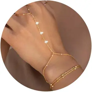 Dainty 2 PCs 14K handmade chain bracelet zircon hand bracelet gold bracelet for women trendy summer essentials stuff fashion boho wedding jewelry gifts adjustable size